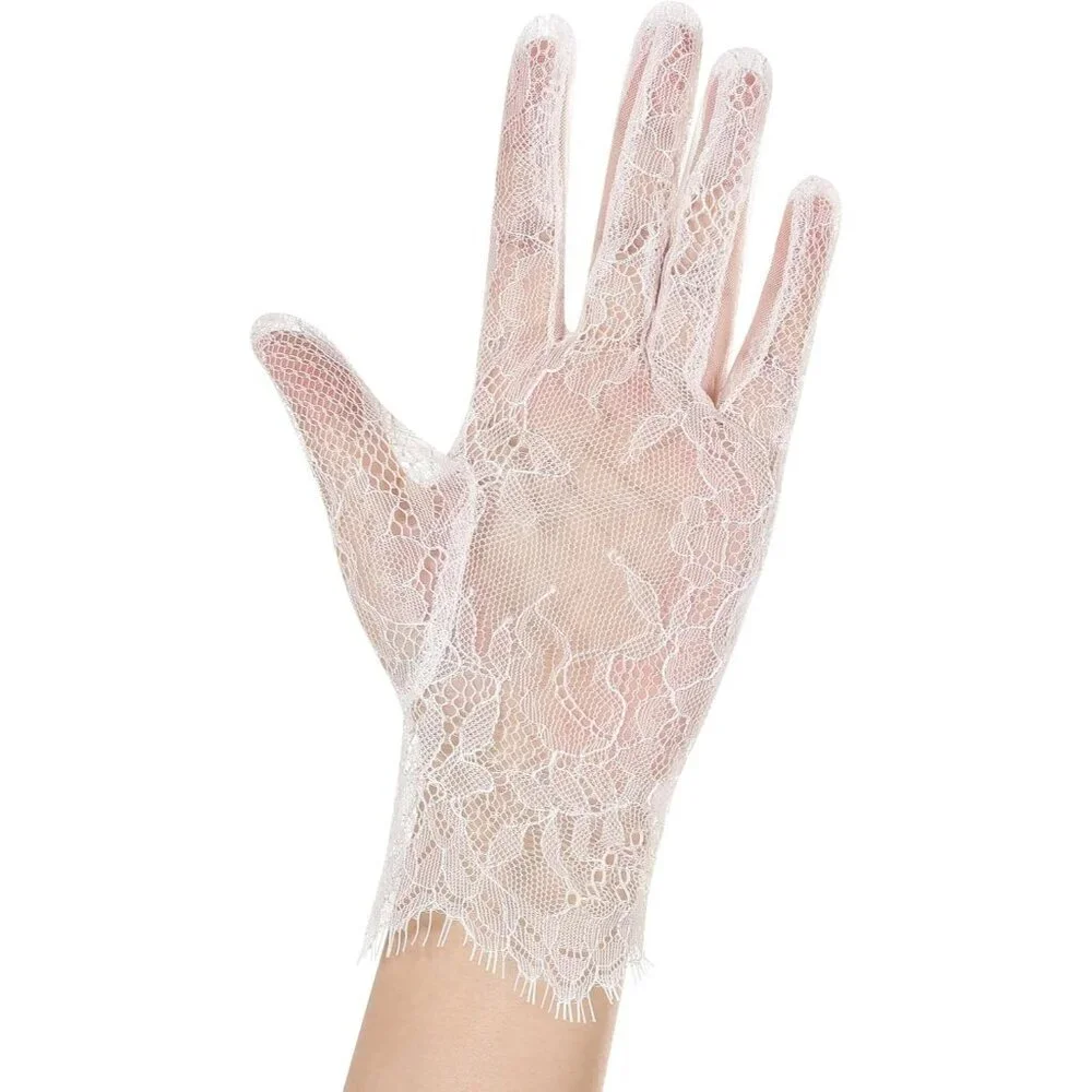 Women's Lvory 01 Floral Short Length Lace Tulle Mesh Wrist Wedding Party Gloves